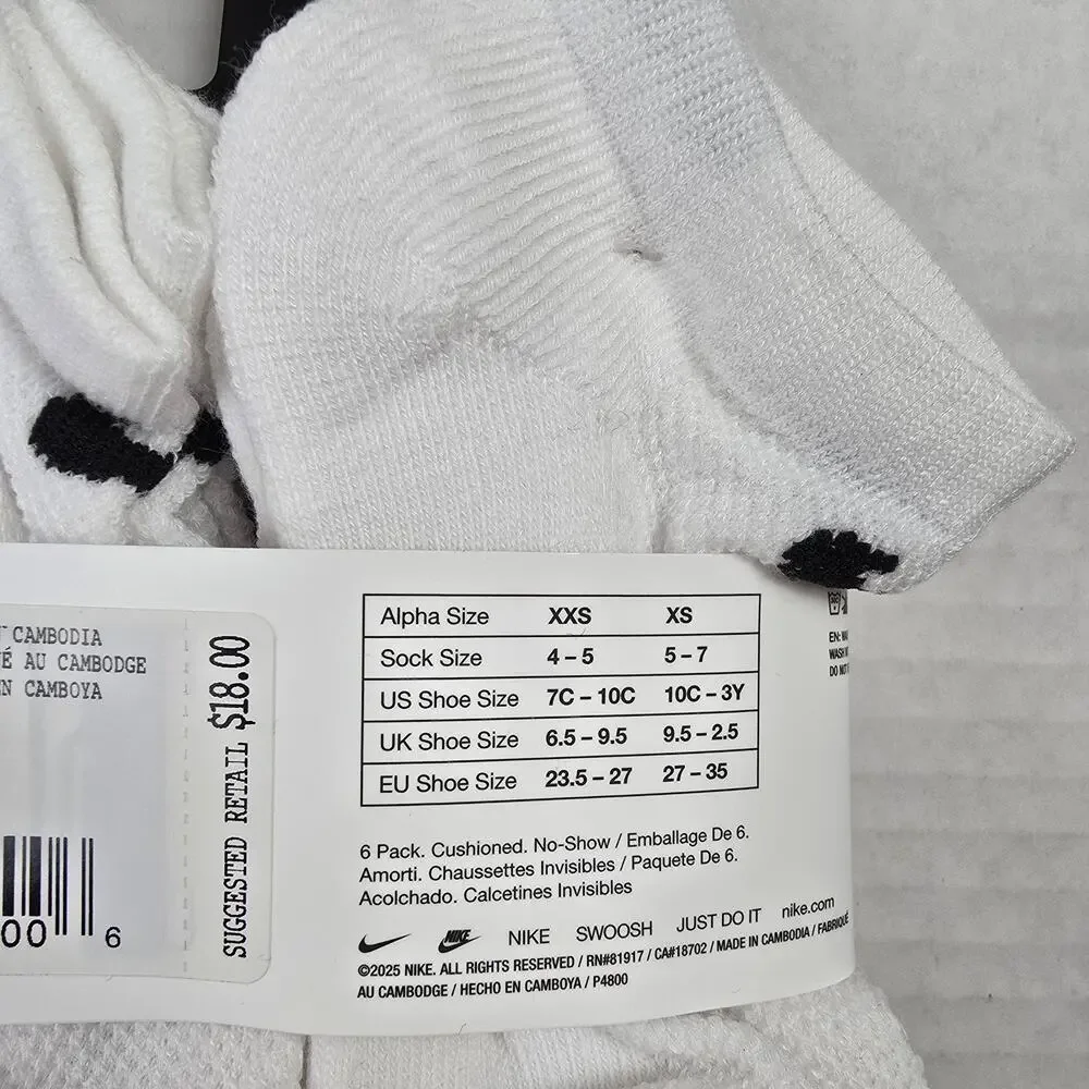 Nike Youth Mesh Cushioned No Show Socks Size XS/10C-3Y White 6 Pack